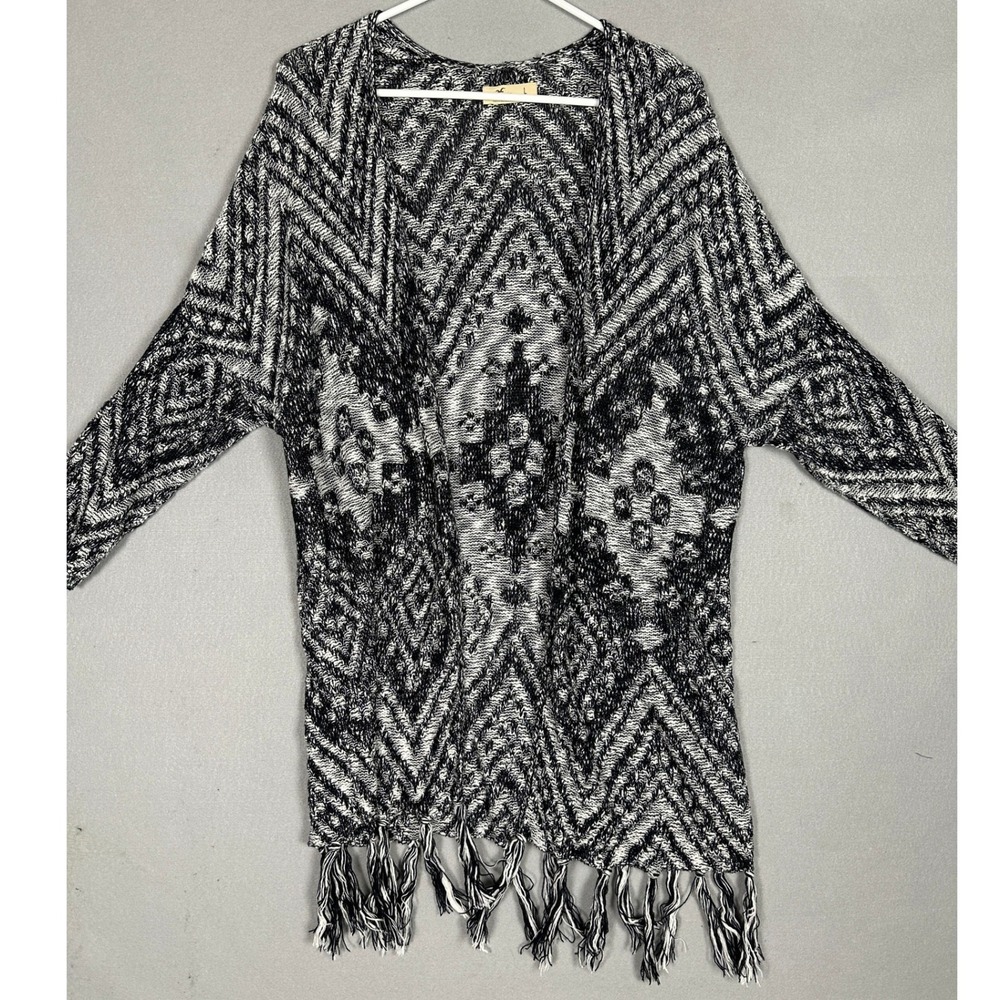 Hollister Open Cardigan Women Large Knit Black White Geometric Tassel Fringe EUC